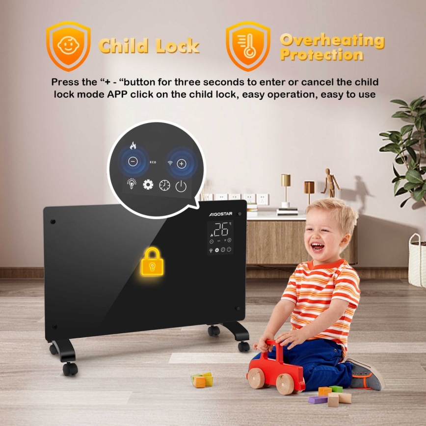 Aigostar - Slimme elektrische verwarming/convector met LCD scherm ECO/1000/2000W Wi-Fi