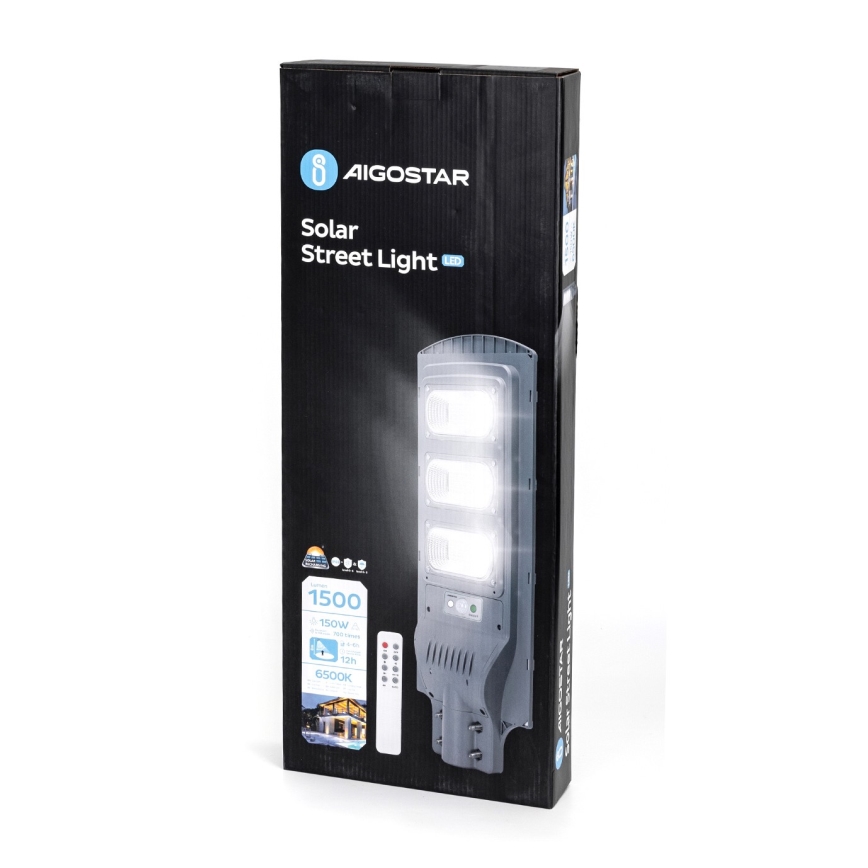 Aigostar - LED straatlantaarn op zonne-energie met bewegings- en schemersensor LED/150W/3,2V 15000mAh IP65 6500K + afstandsbediening