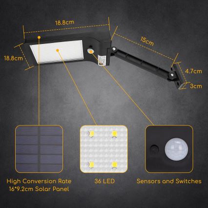 Aigostar - Solar LED Straatlamp met sensor LED/2,3W/5,5V 1800 mAh IP65