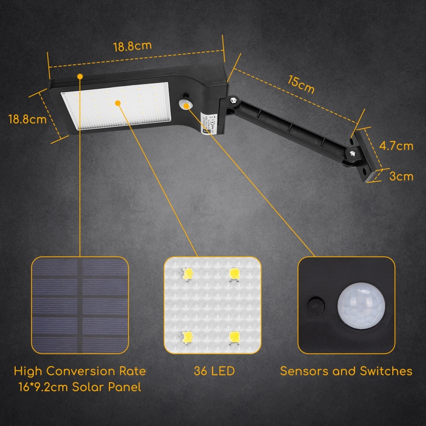 Aigostar - Solar LED Straatlamp met sensor LED/2,3W/5,5V 1800 mAh IP65