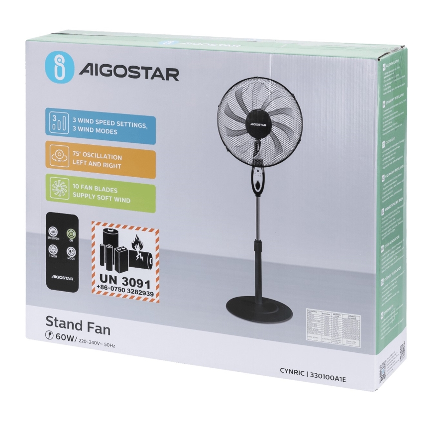 Aigostar - Staande ventilator 55W/230V 130 cm zwart + afstandsbediening