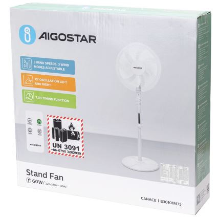 Aigostar - Staande ventilator 60W/230V wit + afstandsbediening