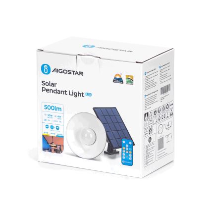 Aigostar - Suspension filaire solaire à intensité variable LED/3,2V 3000K/4000K/6500K 5000 mAh IP65 + Télécommande