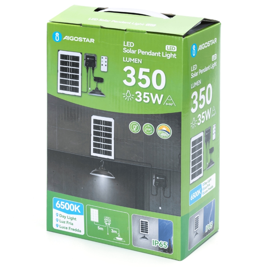 Aigostar - lustre solaire LED, 35W/12V, 3000 mAh, 6500K, IP65, Ø 15 cm + télécommande