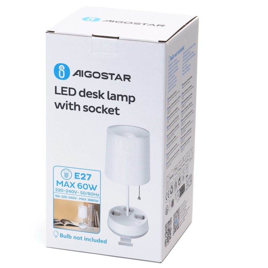 Aigostar - Tafellamp met stopcontacten 1xE27/60W/230V wit