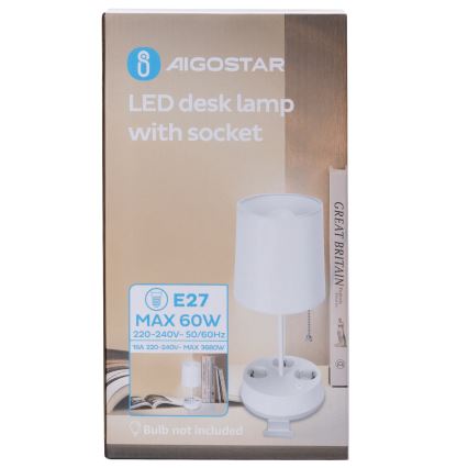 Aigostar - Tafellamp met stopcontacten 1xE27/60W/230V wit