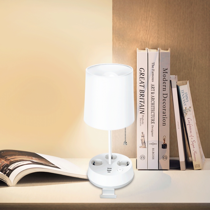 Aigostar - Tafellamp met stopcontacten en USB-poorten 1xE27/60W/230V wit