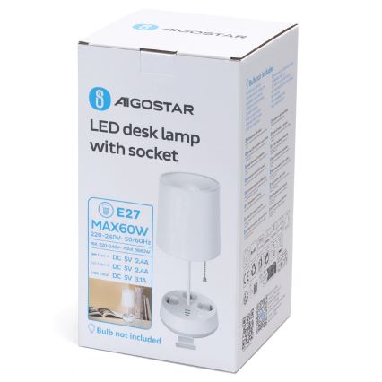 Aigostar - Tafellamp met stopcontacten en USB-poorten 1xE27/60W/230V wit