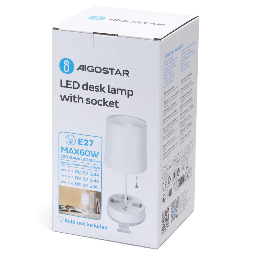 Aigostar - Tafellamp met stopcontacten en USB-poorten 1xE27/60W/230V wit