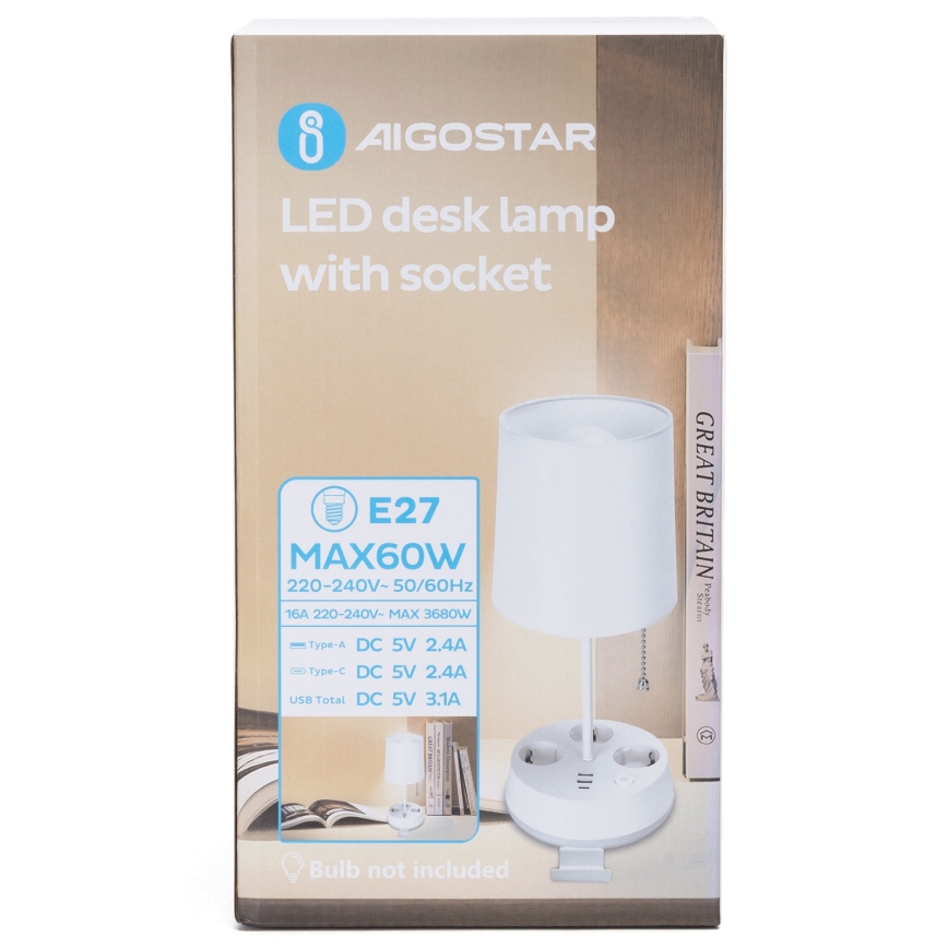 Aigostar - Tafellamp met stopcontacten en USB-poorten 1xE27/60W/230V wit