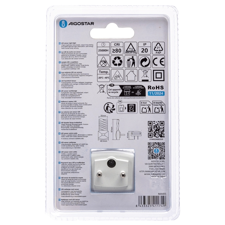 Aigostar - Veilleuse avec détecteur crépusculaire LED/0,2W/230V 3000K