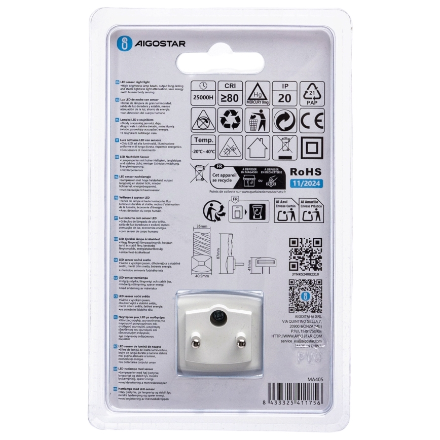 Aigostar - Veilleuse avec détecteur crépusculaire LED/0,2W/230V 6500K