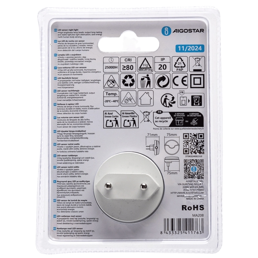 Aigostar - Veilleuse avec détecteur crépusculaire LED/0,5W/230V 3000K