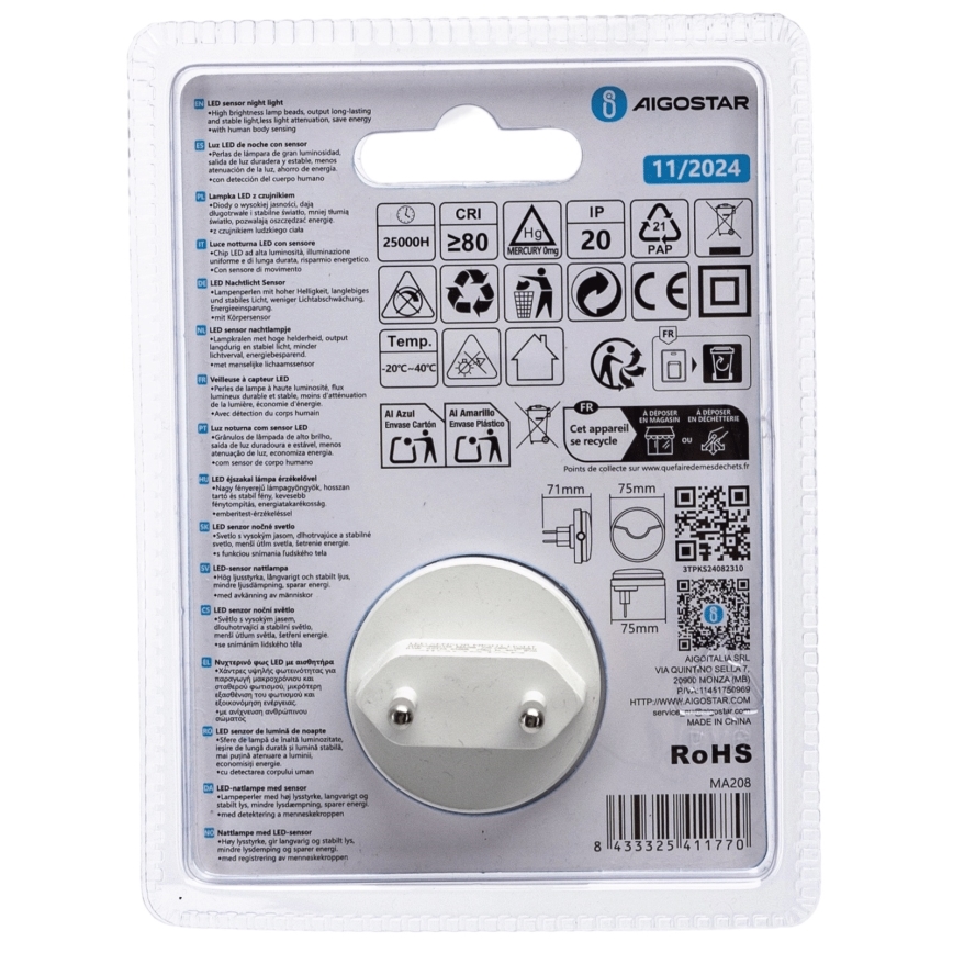 Aigostar - Veilleuse avec détecteur crépusculaire LED/0,5W/230V 6500K