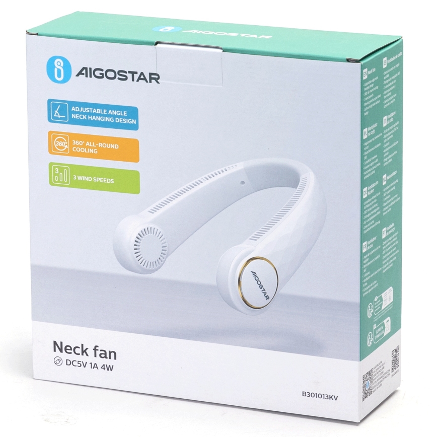 Aigostar - Ventilateur de cou rechargeable 4W/5V 2000mAh blanc