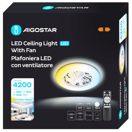 Aigostar - Ventilateur de plafond à intensité variable LED/40W/230V 2700-6500K d. 49 cm + Télécommande blanc