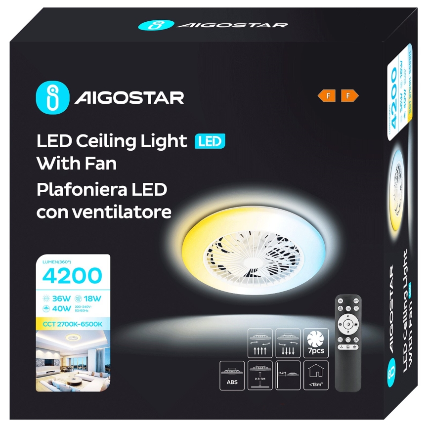 Aigostar - Ventilateur de plafond à intensité variable LED/40W/230V 2700-6500K d. 49 cm + Télécommande blanc