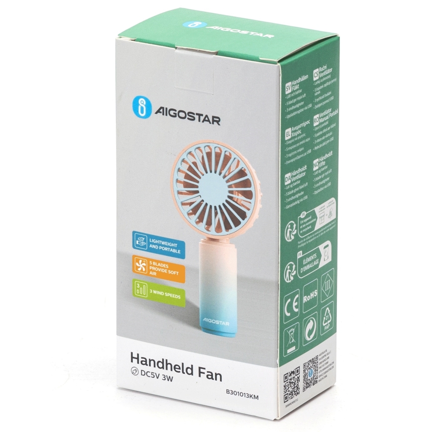 Aigostar - Ventilateur de poche rechargeable 3 W / 5 V, batterie 500 mAh, USB, rose/bleu