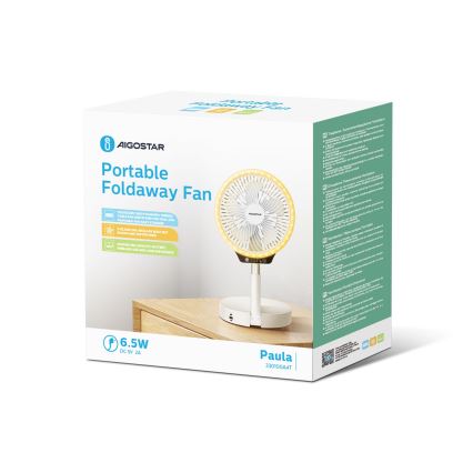 Aigostar - Ventilateur LED pliable sans fil avec port USB 6,5W/5V 8000 mAh
