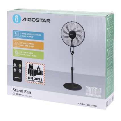 Aigostar - Ventilateur sur pied 55W/230V 130 cm noir + télécommande