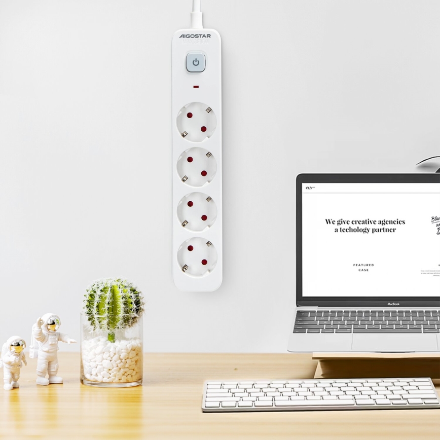 Aigostar - Verlengsnoer met schakelaar 4-voudig Type F 1,5m SCHUKO wit