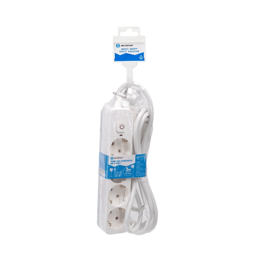 Aigostar - Verlengsnoer met schakelaar 4Z Type F 3m wit