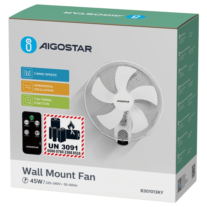 Aigostar -  Wandventilator 45W/230V wit + afstandsbediening