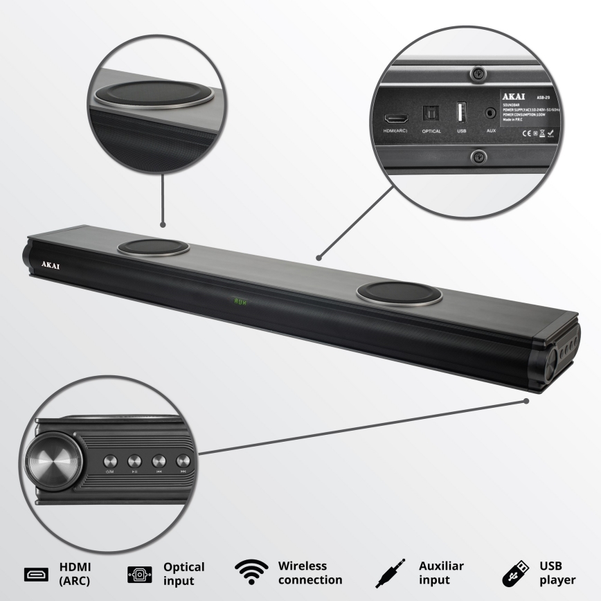 AKAI ASB-29 - Barre de son avec caisson de basses actif 120W/230V + télécommande