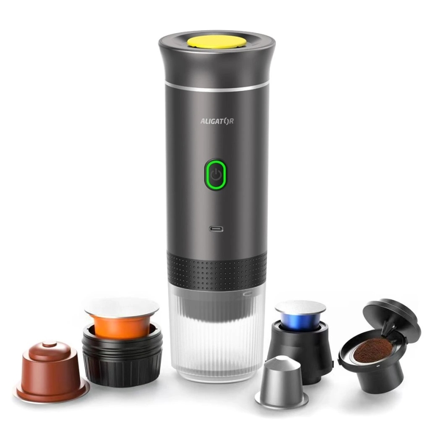 Aligator ACM002 - Draagbare oplaadbare PortaCaffé 3-in-1 koffiemachine 72W/7500 mAh grijs