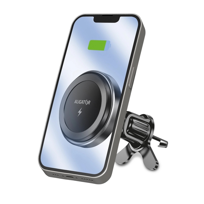 Aligator AMS05BK - Magnetische autohouder voor telefoon met draadloos Qi-opladen tot 15W en MagSafe, zwart