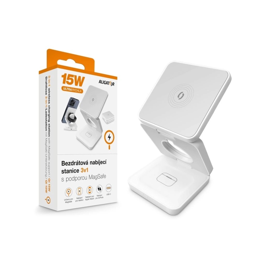 Aligator AMS09WT - Station de recharge sans fil MagSafe 3-en-1 15 W blanche