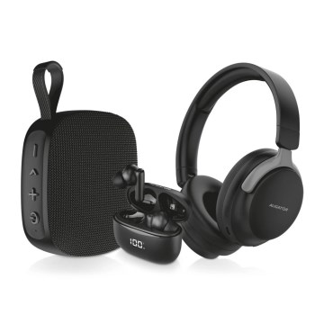 Aligator AUC001 - AUDIO COMBO 3 en 1 : casque arceau 150 mAh, écouteurs sans fil 200 mAh + 2 × 30 mAh et enceinte 1200 mAh