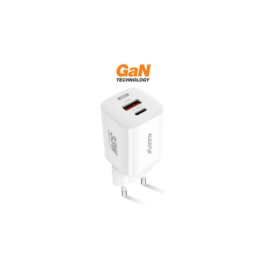 Aligator CHPD0020 - GaN Fast-Charging Power Delivery Adapter 33W USB-A + USB-C, White
