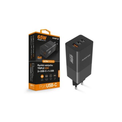 Aligator CHPD0027 - Adaptateur de charge rapide à technologie GaN Power Delivery 65W 2x USB-C + USB-A noir
