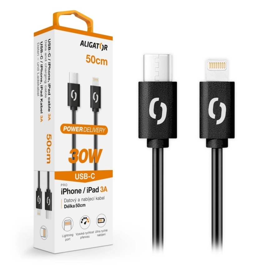 Aligator DATKP56 - USB-C naar Lightning-kabel, 30W Power Delivery, 0,5 m, zwart