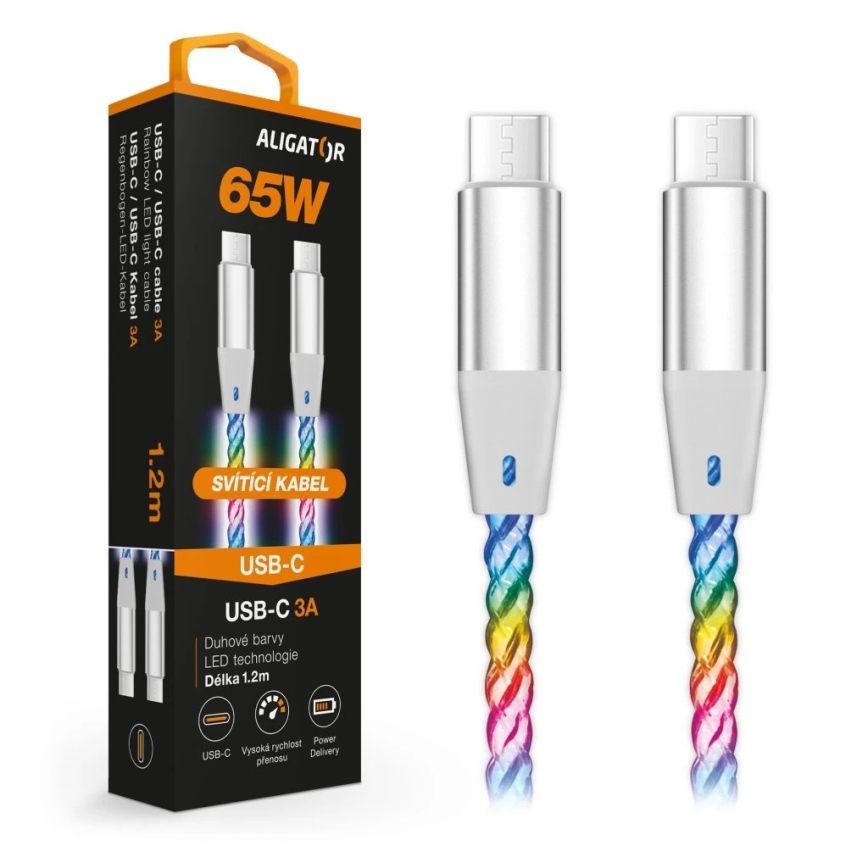 Aligator DATKP62 - USB-kabel USB-C naar USB-C met LED-verlichting, 65 W Power Delivery, 1,2 m