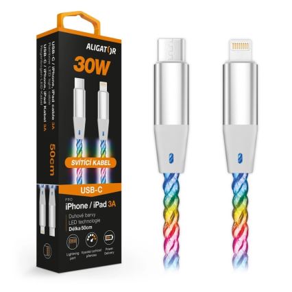 Aligator DATKP65 - USB-C to Lightning kabel met LED illumination, 30W Power Delivery, 0.5 m