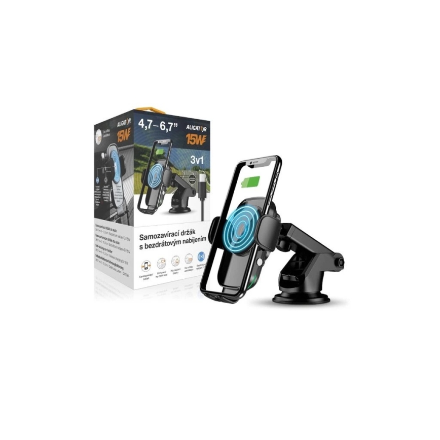 Aligator HAK2 - Support de téléphone pour voiture à fermeture automatique avec charge sans fil Qi 15 W noir