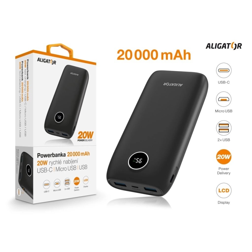 Aligator PBPD20BK - Powerbank met LCD display, Power Delivery, 20,000 mAh / 20W / 3.7V, Black