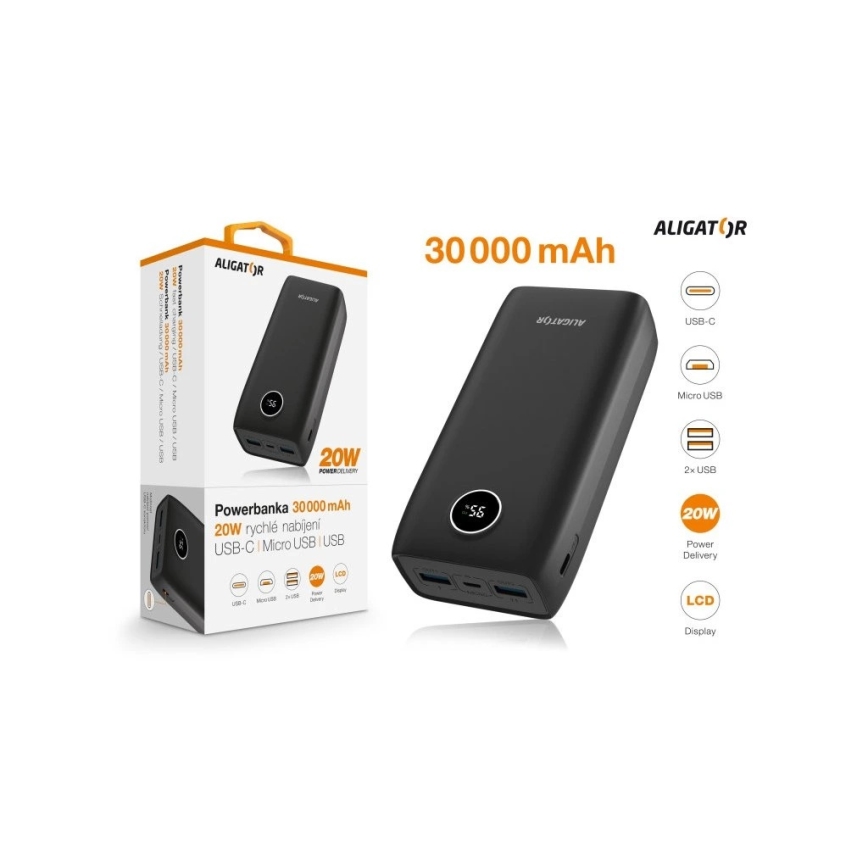 Aligator PBPD30BK - Batterie externe avec écran LCD Power Delivery 30000 mAh/20W/3,7V noire