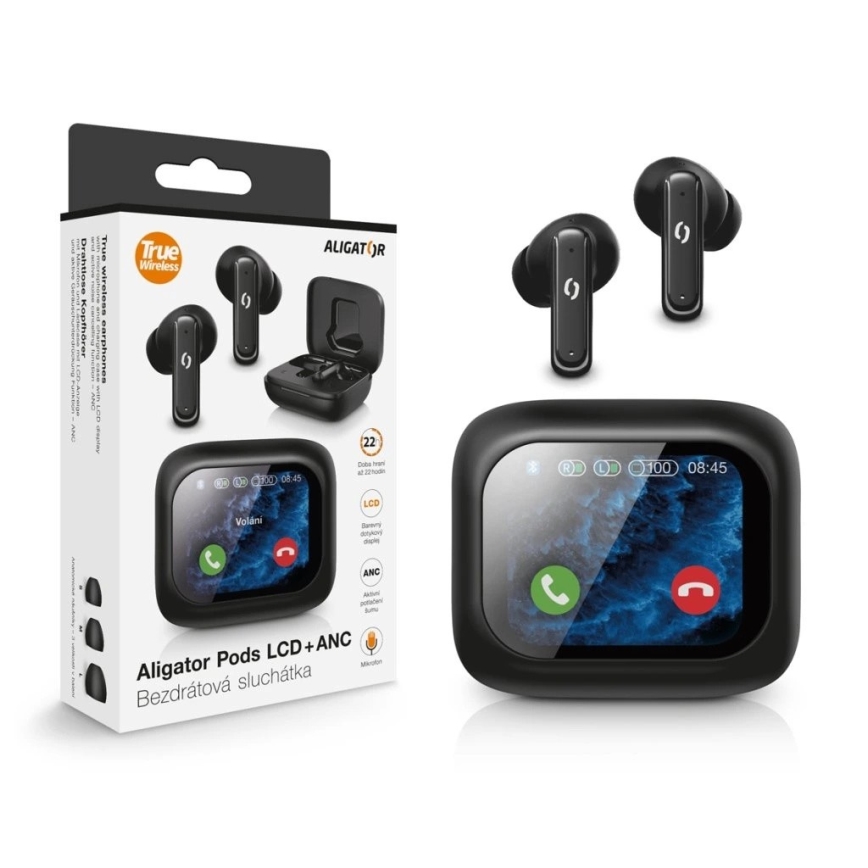 Aligator TWS07 - Écouteurs sans fil Pods avec écran LCD, ANC, batterie 400 mAh + 2×40 mAh, noir