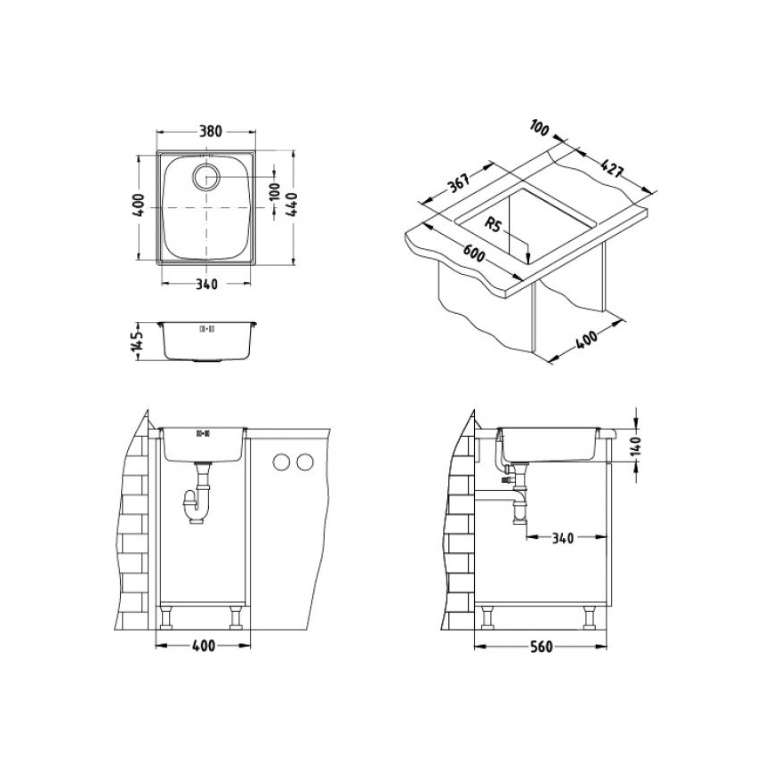 ALVEUS 1082195 - Évier de cuisine BASIC 44x38 cm mat acier/satin, grande ouverture