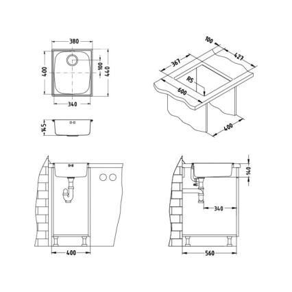 ALVEUS 1082195 - Keukenspoelbak BASIC 44x38 cm RVS/satijn, grote afvoer