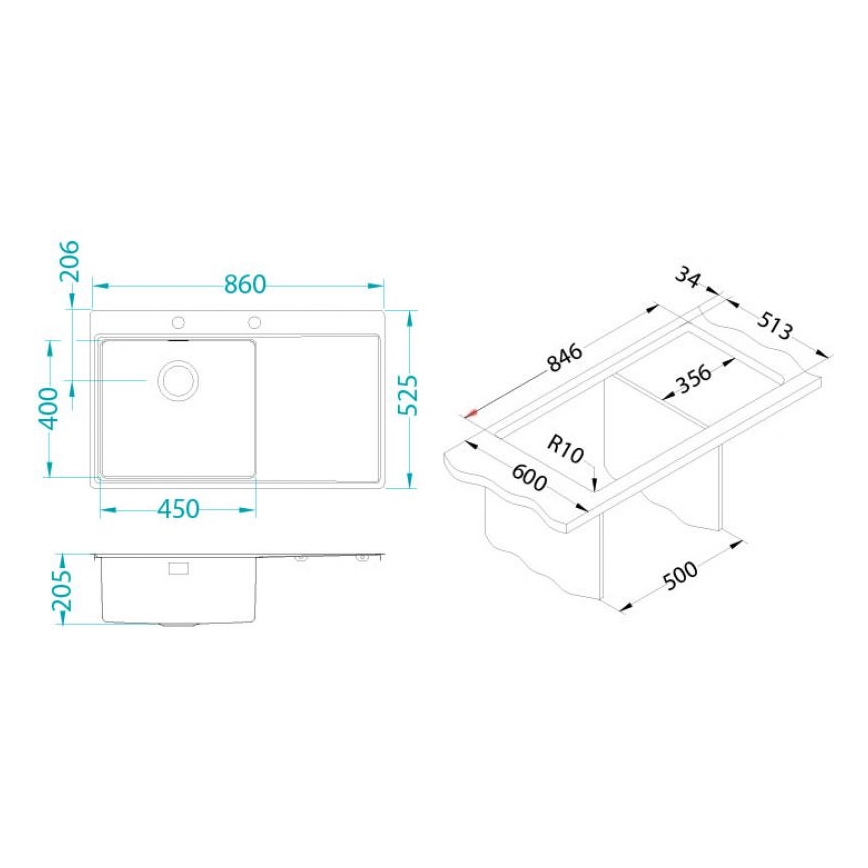 ALVEUS 1103653 - Gootsteen PURE 86x52,5 cm satin, rechts