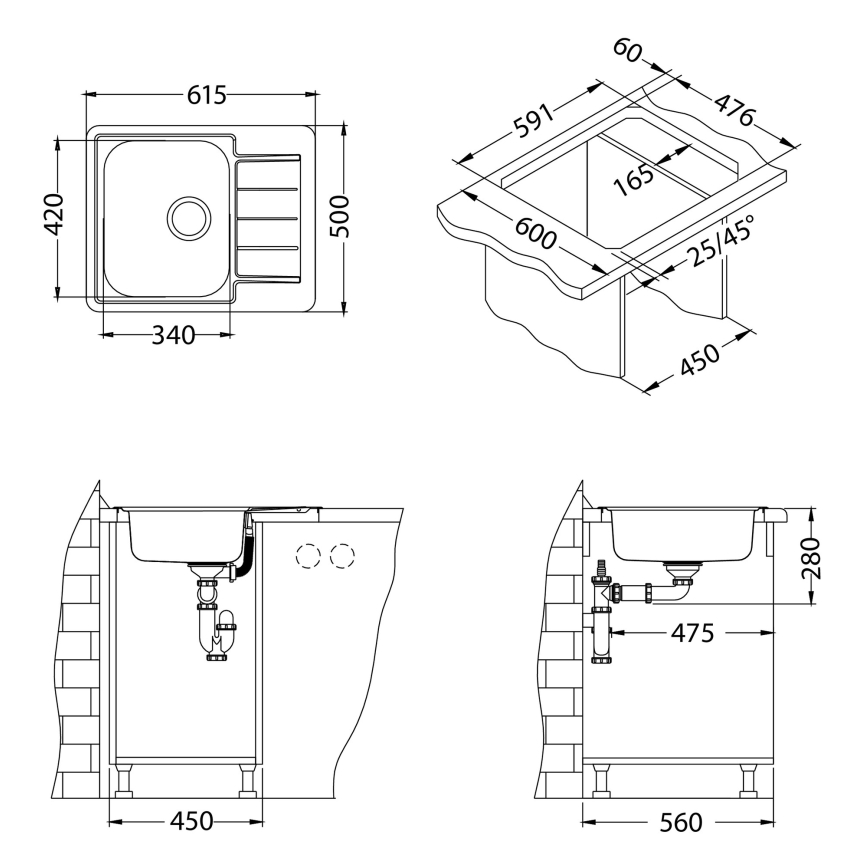 ALVEUS 1144603 - Évier de cuisine LINE 61,5x50 cm inox/satiné, sans vidage excentré