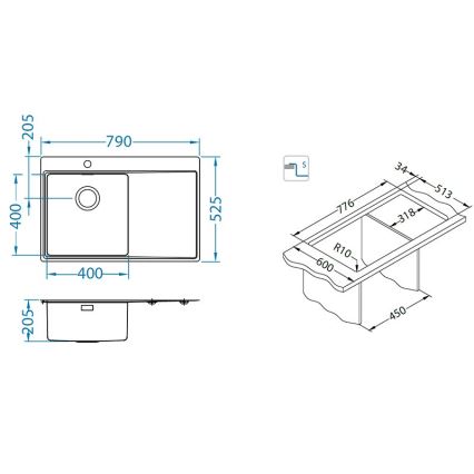 ALVEUS 1149516 - Évier de cuisine PURE 79 x 52,5 cm, finition satinée, côté droit + siphon avec bonde à fermeture rapide