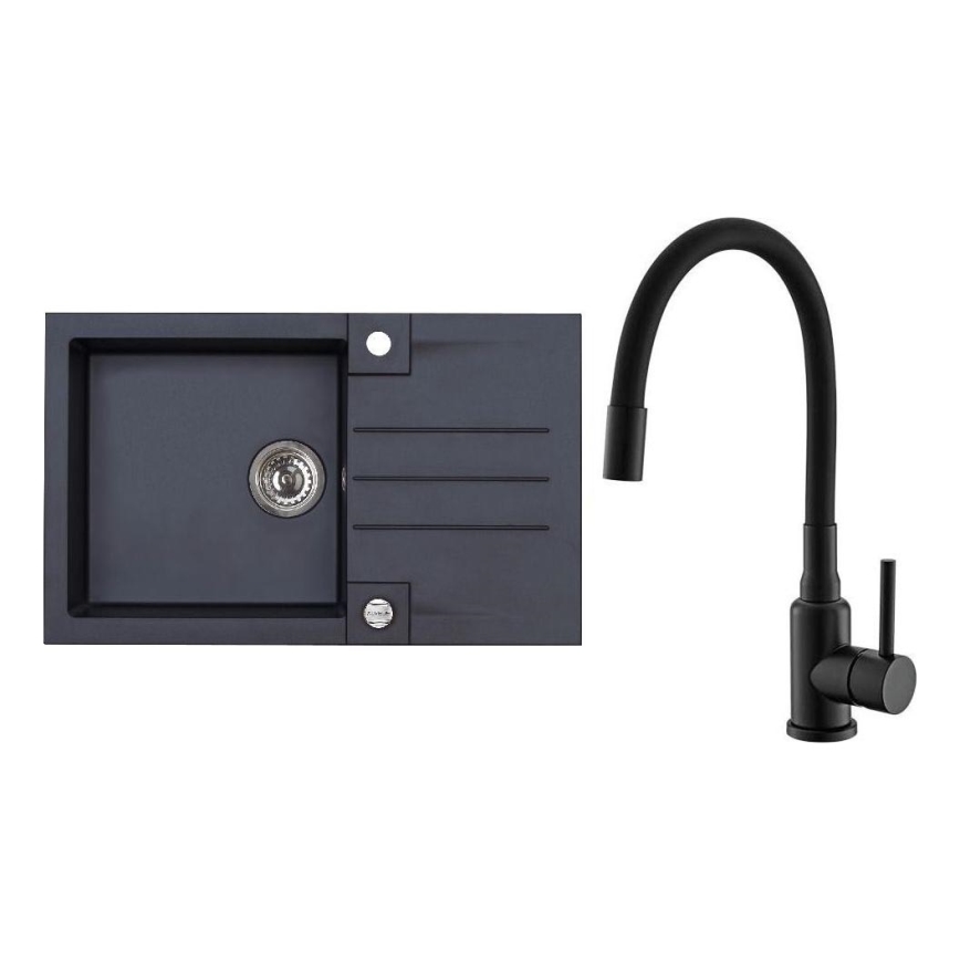 ALVEUS SETA23201 - Évier de cuisine ROCK 78x48 cm + robinet à bras flexible MINTAS 34 cm en granit/noir mat