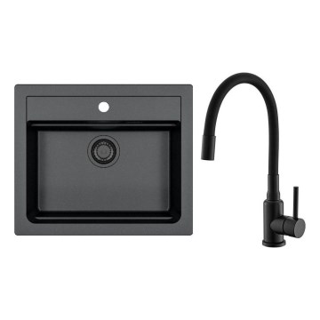 ALVEUS SETA23228 - Évier de cuisine ATROX 59x50 cm + robinet de cuisine à bras flexible MINTAS 34 cm granit/noir mat