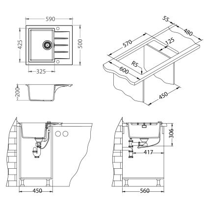 ALVEUS SETA23230 - Keuken wasbak CADIT 59x50 cm + kraan met flexibele uitloop MINTAS 34 cm graniet/mat zwart