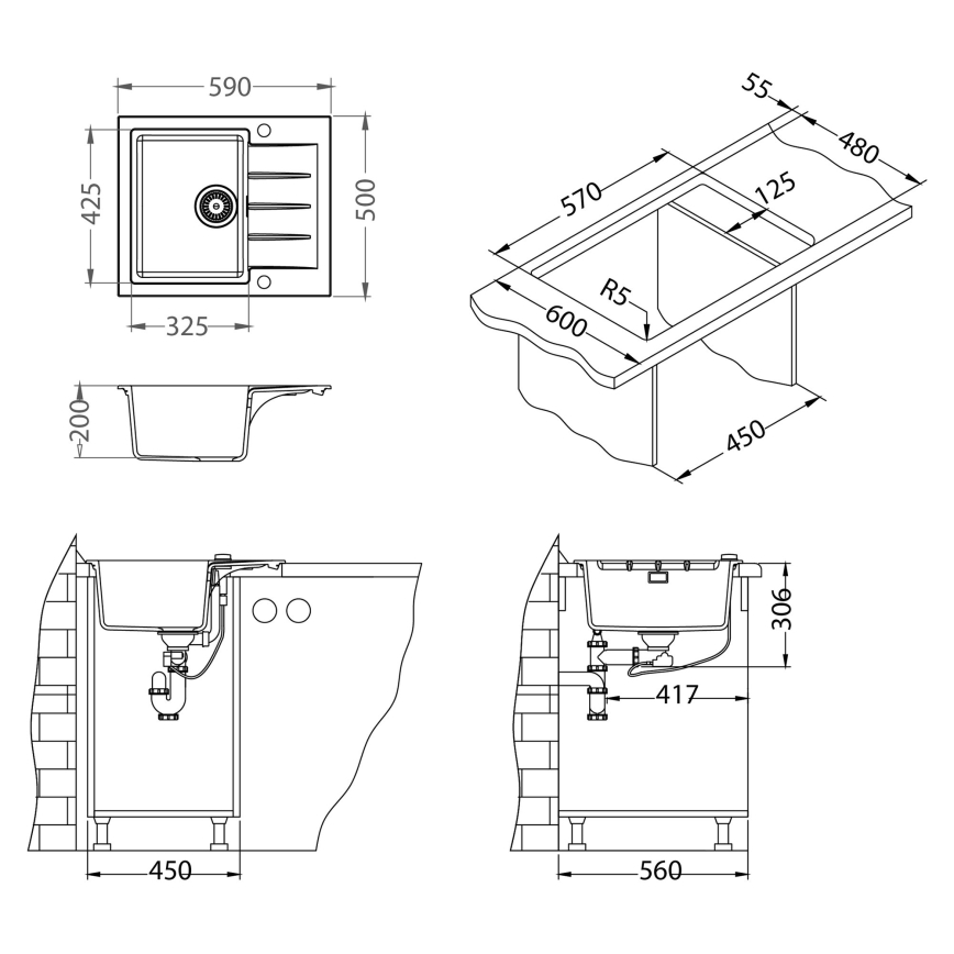 ALVEUS SETA23230 - Keuken wasbak CADIT 59x50 cm + kraan met flexibele uitloop MINTAS 34 cm graniet/mat zwart